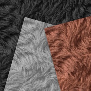 May include: A close-up of three sections of faux fur in different colors. The colors are black, light gray, and a reddish-brown. The fur has a long, wavy texture, creating a soft and inviting appearance. The image is well-lit, highlighting the texture and color variations.