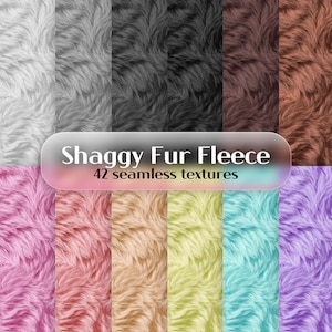 Puede incluir: Una colección de texturas sin costuras con forro polar de pelo largo en varios colores. La imagen muestra una gama de tonos, incluyendo blanco, gris, negro, marrón, rosa, melocotón, amarillo, verde azulado y morado. El texto superpuesto dice "Shaggy Fur Fleece, 42 seamless textures."