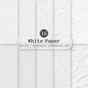 May include: A collection of sixteen white paper textures with varying patterns. The image includes a label with the text "White Paper", "300 DPI", "3600x3600", and "Commercial Use". The textures range from smooth to heavily textured.
