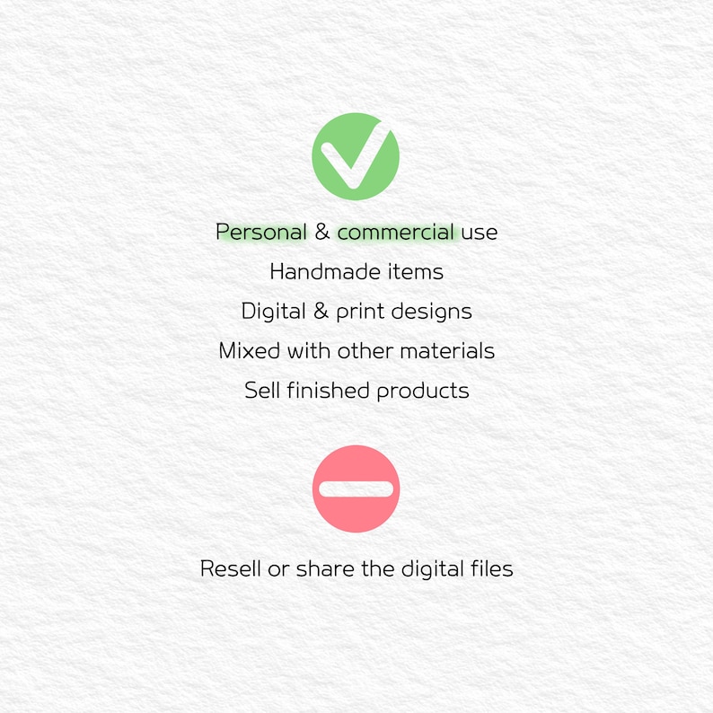 May include: A graphic with a green checkmark and a red circle with a horizontal line. Text includes "Personal & commercial use", "Handmade items", "Digital & print designs", "Mixed with other materials", "Sell finished products", and "Resell or share the digital files."