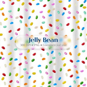 Könnte beinhalten: Ein Muster aus bunten Geleebohnen in verschiedenen Farben, darunter Rot, Gelb, Grün, Blau, Orange, Rosa und Weiß, verstreut auf einem weißen Hintergrund. Das Bild enthält den Text "Jelly Bean" und "300 DPI • PNG • Commercial use".
