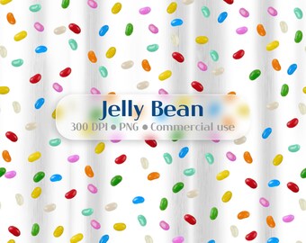 Könnte beinhalten: Ein Muster aus bunten Geleebohnen in verschiedenen Farben, darunter Rot, Gelb, Grün, Blau, Orange, Rosa und Weiß, verstreut auf einem weißen Hintergrund. Das Bild enthält den Text "Jelly Bean" und "300 DPI • PNG • Commercial use".