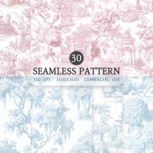 May include: A collection of 30 seamless patterns in pink and blue, featuring floral and garden scenes. The patterns include roses, trees, and architectural elements. The image includes the text "SEAMLESS PATTERN" and "COMMERCIAL USE".