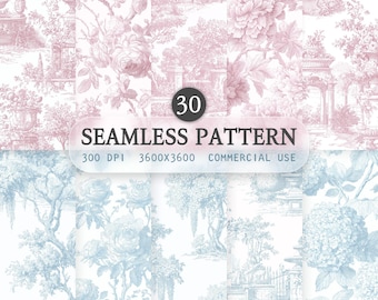 Pink and Blue Toile De Jouy Seamless Pattern, Chinoiserie Floral Digital Paper Bundle, Vintage French Country Background, Commercial Use