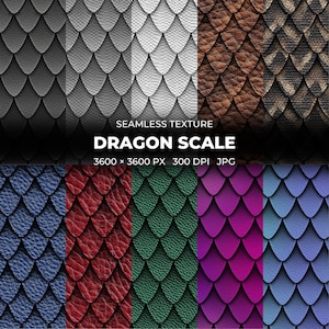 Puede incluir: Una colección de texturas de escamas de dragón sin costuras en varios colores. La imagen muestra muestras en tonos de gris, blanco, marrón, negro, azul, rojo, verde, morado y azul. El texto "DRAGON SCALE" se muestra.
