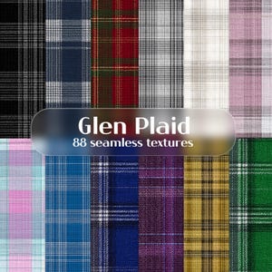 Puede incluir: Una colección de ocho patrones de tela Glen Plaid en varios colores, incluyendo negro, azul marino, rojo y rosa. La imagen presenta una variedad de texturas sin costuras con el texto "Glen Plaid" y "88 seamless textures".