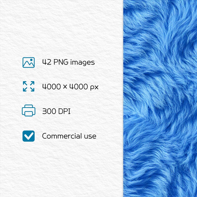 May include: Image with text: "42 PNG images", "4000 x 4000 px", "300 DPI", and "Commercial use". The right side of the image has a blue, fluffy texture. The left side is white.