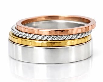 Set of 4 Mixed Metal Stacking Rings, 925 Sterling Silver, Rose Gold & Yellow Gold Bands, Hammered Rope Wide Ring, Minimalist Handmade Ring