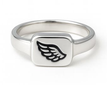 Anillo de sello de ala de ángel de plata esterlina, anillo de ala de la guarda, banda de plata minimalista, regalo de joyería espiritual para hombres y mujeres