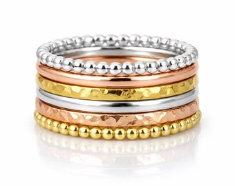 Set of 6 Thin Mixed Metal Stacking Rings, 925 Sterling Silver Beaded, Smooth & Hammered Bands, Silver Rose Gold Yellow Gold, Handmade Ring