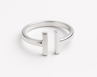 Minimalist Sterling Silver Parallel Bar Ring, Modern Open Band, Adjustable Silver Ring for Women, Dainty Geometric Jewelry Gift