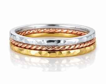 Set of 3 Thin Mixed Metal Stacking Rings, Hammered & Rope Bands, 925 Sterling Silver, Silver Rose Gold Yellow Gold, Minimalist Handmade Ring