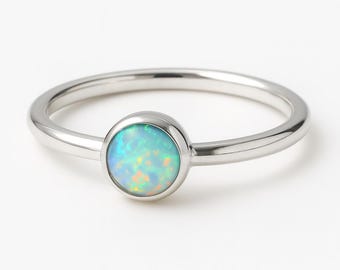 Zierlicher Opal Ring, Sterling Silber Opal Schmuck, Minimalistischer Oktober Geburtsstein Ring, Feueropal Versprechen Ring, Einfacher Stapel Ring