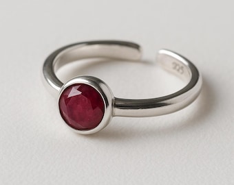 Handmade Sterling Silver Ruby Ring | Adjustable Open Cuff | 925 Silver Ruby Birthstone Ring | Minimalist Boho Ring for Women