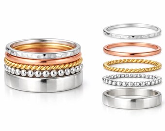 Set of 5 Mixed Metal Stacking Rings, 925 Sterling Silver Hammered Rope Beaded Rings, Silver Rose Gold Yellow Gold, Handmade Minimalist Ring