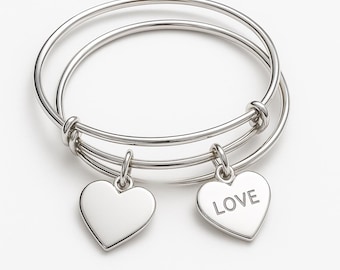 Sterling Silver Heart Bangle Bracelet Set, Love Charm Bangles, Heart Charm Bangles, Plain Bangles, Skinny Bangle, Custom name Bracelets