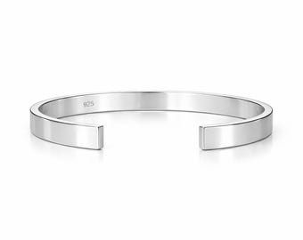 Sterling Silver Plain Cuff Bracelet for Unisex, Flat 925 Silver Bangle, Minimalist High Polished Mens Cuff, Handmade Polished Bracelet