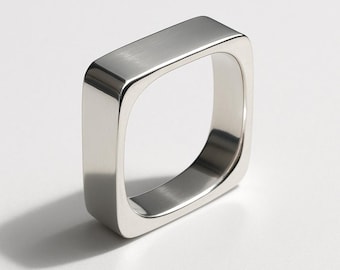 Sterlingzilveren vierkante bandring, geometrische statementring, uniseks stapelbare trouwring, handgemaakte vierkante ring, brede bandring, plat vierkant