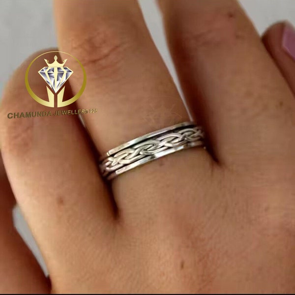 Bague tournante en argent tressé, argent sterling 925, bague tournante noeud celtique, bague faite main, anneau de pouce, bague pour femme ou homme