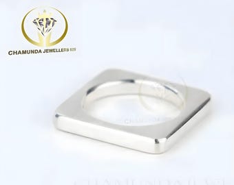 Vierkante platte ring, massief sterlingzilveren ring, kubusring, geometrische ring, brede bandring, zegelring, heren-vrouwenring, rechthoekige ring