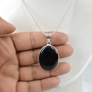 Black Onyx Necklace, Black Onyx Pendant, Silver Black Onyx Jewelry, Oval Onyx Stone Necklace, Black Gemstone Gift for Women, Without Chain