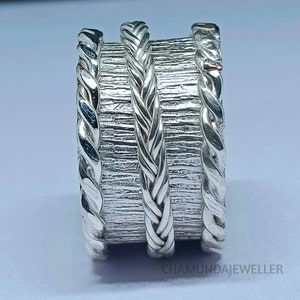 925 Sterling Silver Braided Spinner Ring, Handmade Meditation Ring, Worry Carved Band Ring, Anxiety Rings Ring Design By Chamundajeweller