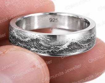 Ocean Wave Engraved Ring, 925 Sterling Silver Band, Handmade Water Design Ring, Unisex Silver Ring, Comfort band Ring, Layer water Band Ring