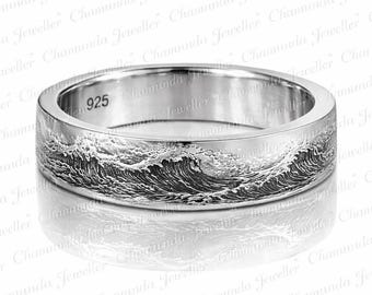 Ocean Wave Engraved Ring, 925 Sterling Silver Band, Handmade Water Design Ring, Unisex Silver Ring, Comfort band Ring, Layer water Band Ring