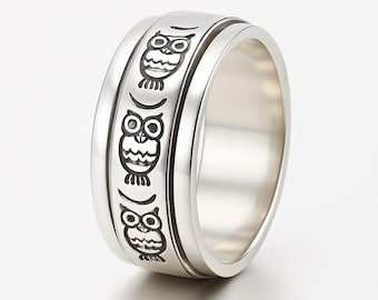 Owl Ring, 925 Sterling Silver Unisex Ring, Unique Owl Design Ring, Handcrafted 925 Silver Stylized Animal Ring, Spinner owl, animal jewelry