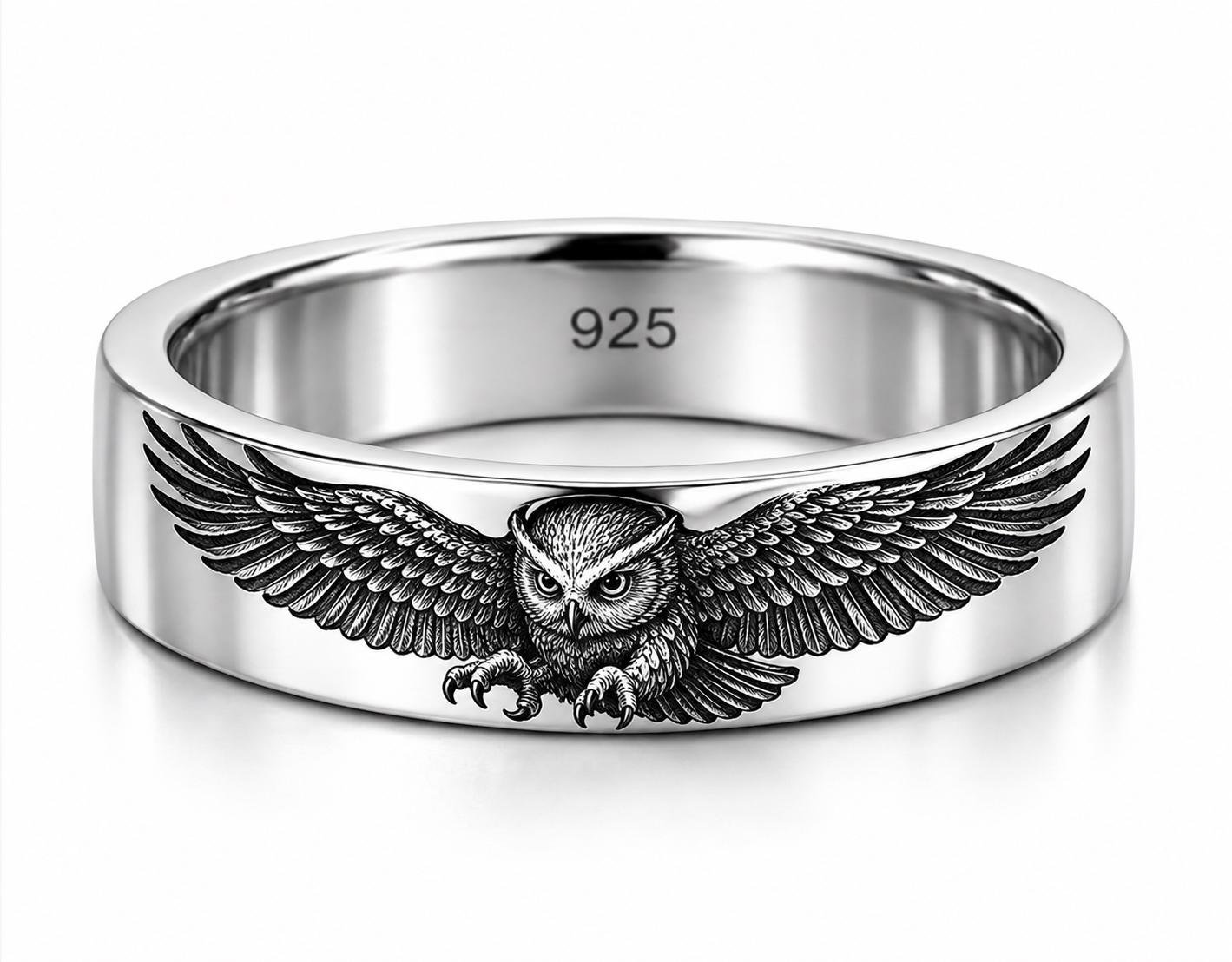 Owl Engraved Sterling Silver Ring 8mm Flat Band | Real 925 Silver Handmade Ring | Unisex Polished Si