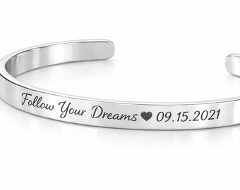 Personalized Sterling Silver Cuff Bracelet, Custom Engraved Silver Bracelet, Inscription Bangle Gift for Her or Him, 925 Silver Jewelry