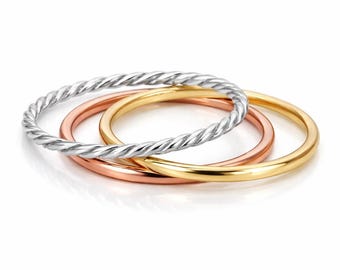 Mixed Metal Stacking Rings Set of 3 – Twist Sterling Silver, Rose Gold & Yellow Gold Bands, Minimalist Handmade Jewelry, Midi Rings