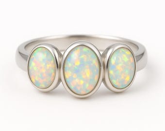Triple Opal Sterling Silver Ring, Handmade Fire Opal Band, Natural Opal Thumb Ring, Boho Silver Jewelry, Opal Wedding Band, Gift for Her