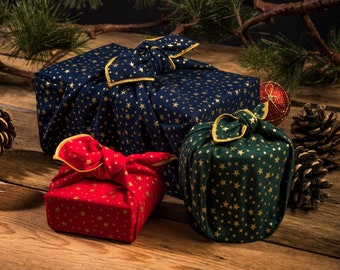 Festive furoshiki set, includes 3 gold stars print wraps, reusable fabric gift wrap set.