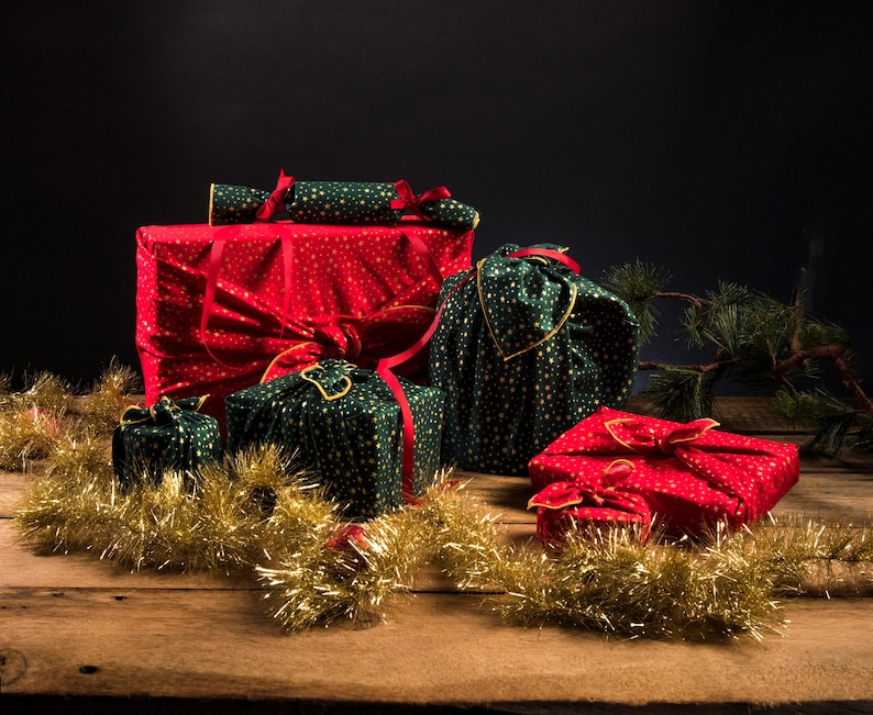 Furoshiki -  Christmas Stars, reusable, Japanese inspired  fabric gift wrap, zero waste wrapping paper alternative