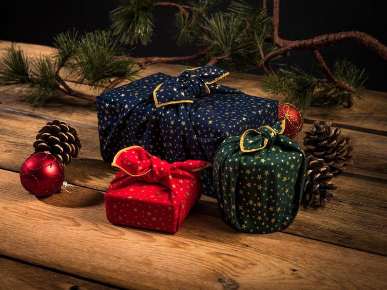 Furoshiki -  Christmas Stars, reusable, Japanese inspired  fabric gift wrap, zero waste wrapping paper alternative