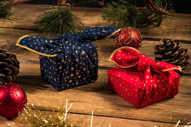 Furoshiki -  Christmas Stars, reusable, Japanese inspired  fabric gift wrap, zero waste wrapping paper alternative