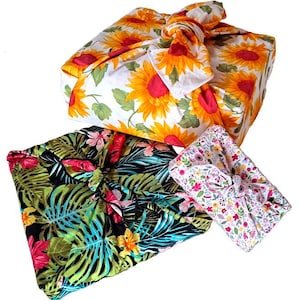 Set mit 3 floralen Furoshiki, wiederverwendbare, japanisch inspirierte Geschenkpapier für Geburtstag, Jubiläum, Valentinstag