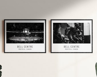 May include: Two black and white framed prints featuring the Bell Centre in Montreal, Canada. The left print shows an interior hockey arena view, while the right print depicts a hockey player statue. Both prints include the text Bell Centre Montreal, Canada.