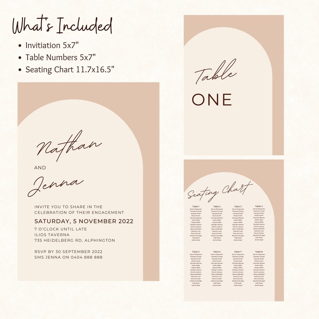 Arch Minimalist Engagement Invitation Template Set, Seating Chart ...