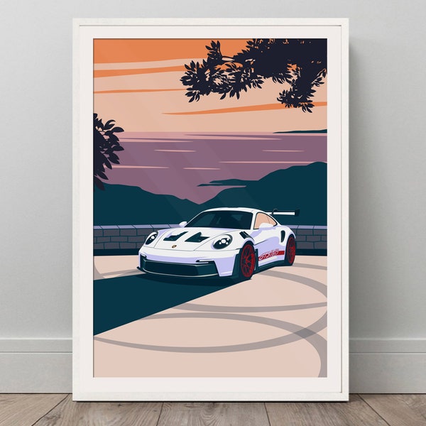 Impression de voiture personnalisée inspirée de la Porsche 911 GT3 RS, affiche déco murale Monaco View, fabriqué à la main par Wrofee