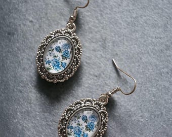Vintage Blumen Ohrringe: Blaue Rosen, Antiksilber, Stil der 20er Jahre