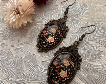 Vintage Floral Dangle Earrings: Handmade Glass Cabochon Earrings