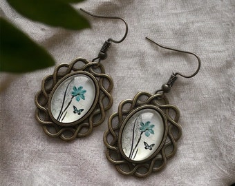Vintage Bronze Floral Earrings, Butterfly, Antique Style