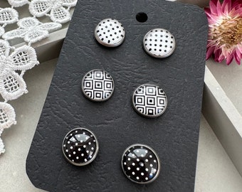 Black and white studs - earrings - round earrings - B&W stud earrings - Girls Earrings- set of 3 studs earrings -  black and white Style