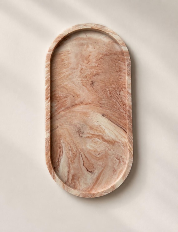 Handmade Oval Jesmonite Tray: Neutral Marble Trinket Dish