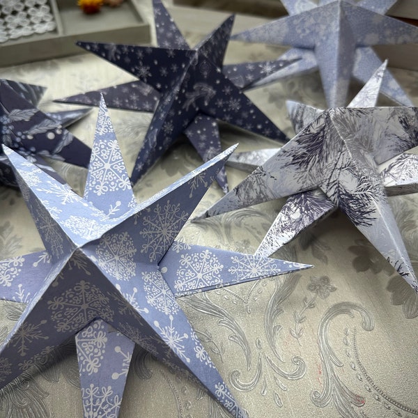 5 Paper Stars Hanging Christmas Decoration, Christmas Decorations, Festive Paper Decorations, Paper Stars, Rustic Christmas, Blue stars