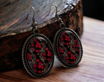 Boucles D'oreilles Vintage Percées Avec Cabochon Rouge - Modèle 332
