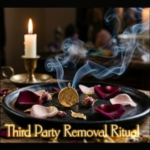 Könnte beinhalten: Eine brennende Kerze und ein goldener Anhänger mit den Initialen "K.L." liegen auf einem schwarzen Teller mit Rosenblättern. Rauchschwaden umgeben den Anhänger. Der Text "Third Party Removal Ritual" ist unten zu sehen.