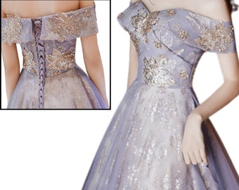 Purple Embroidered Flower Tulle Fairy Dress,Off Shoulder Evening Prom Dress,Princess Dress,Wedding Dress,Women Dress,Gown Dress,Party Dress